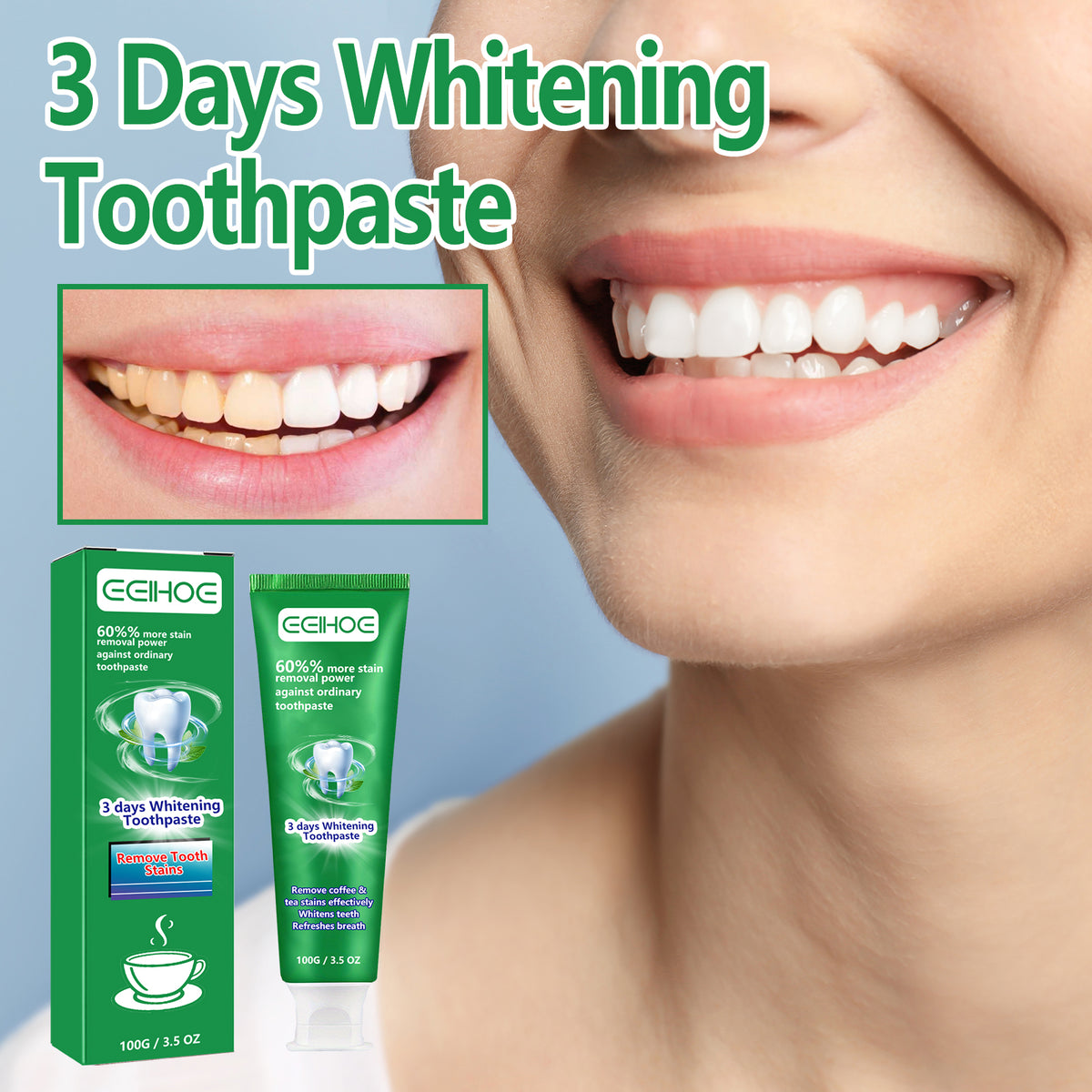 3 Days Whitening Toothpaste, Clean Mouth Odor To Yellow Tartar Haun White Teeth Gum Toothpaste