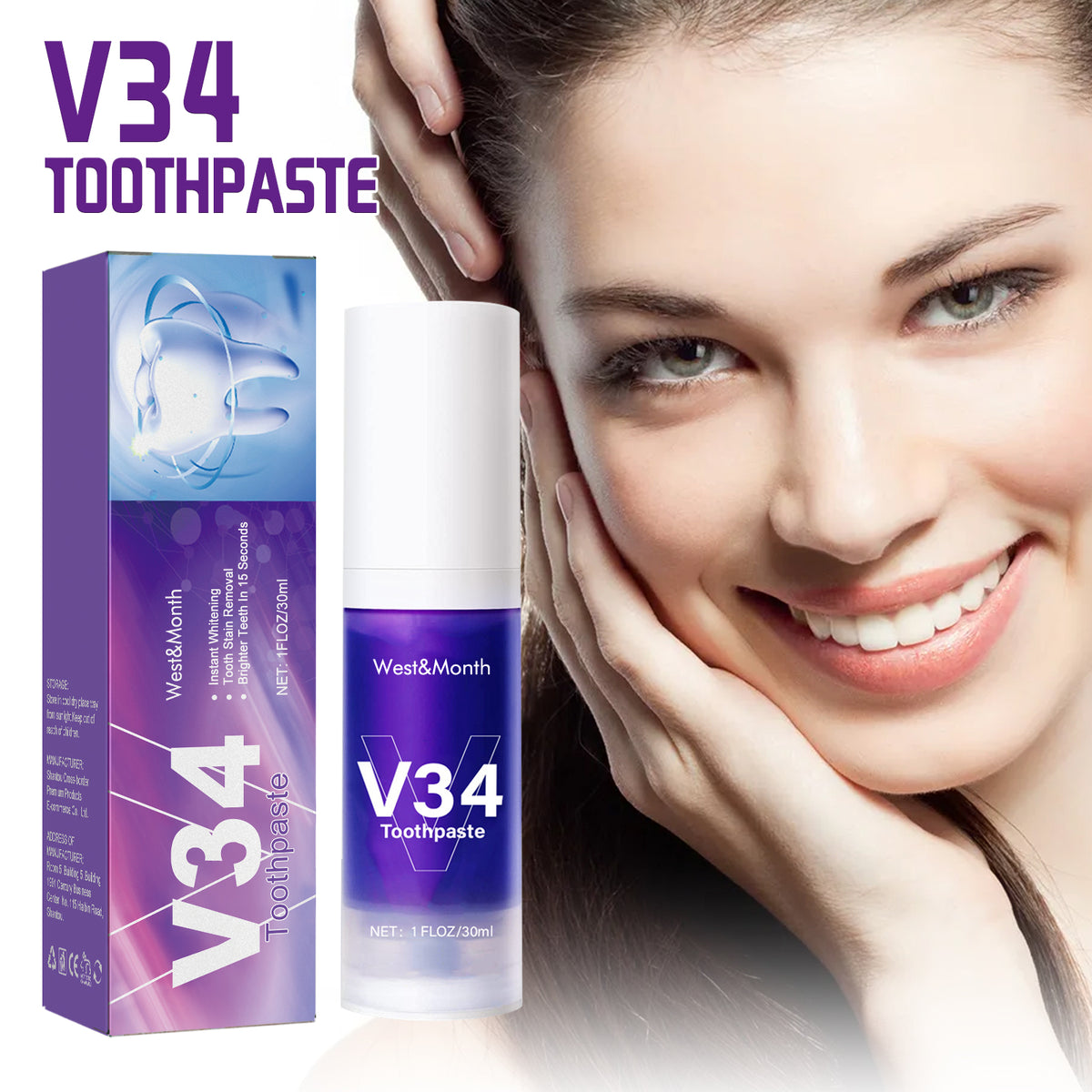 V34 Toothpaste, Whitening Teeth Clean Care Gums Fresh Breath Press Toothpaste