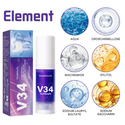 V34 Toothpaste, Whitening Teeth Clean Care Gums Fresh Breath Press Toothpaste